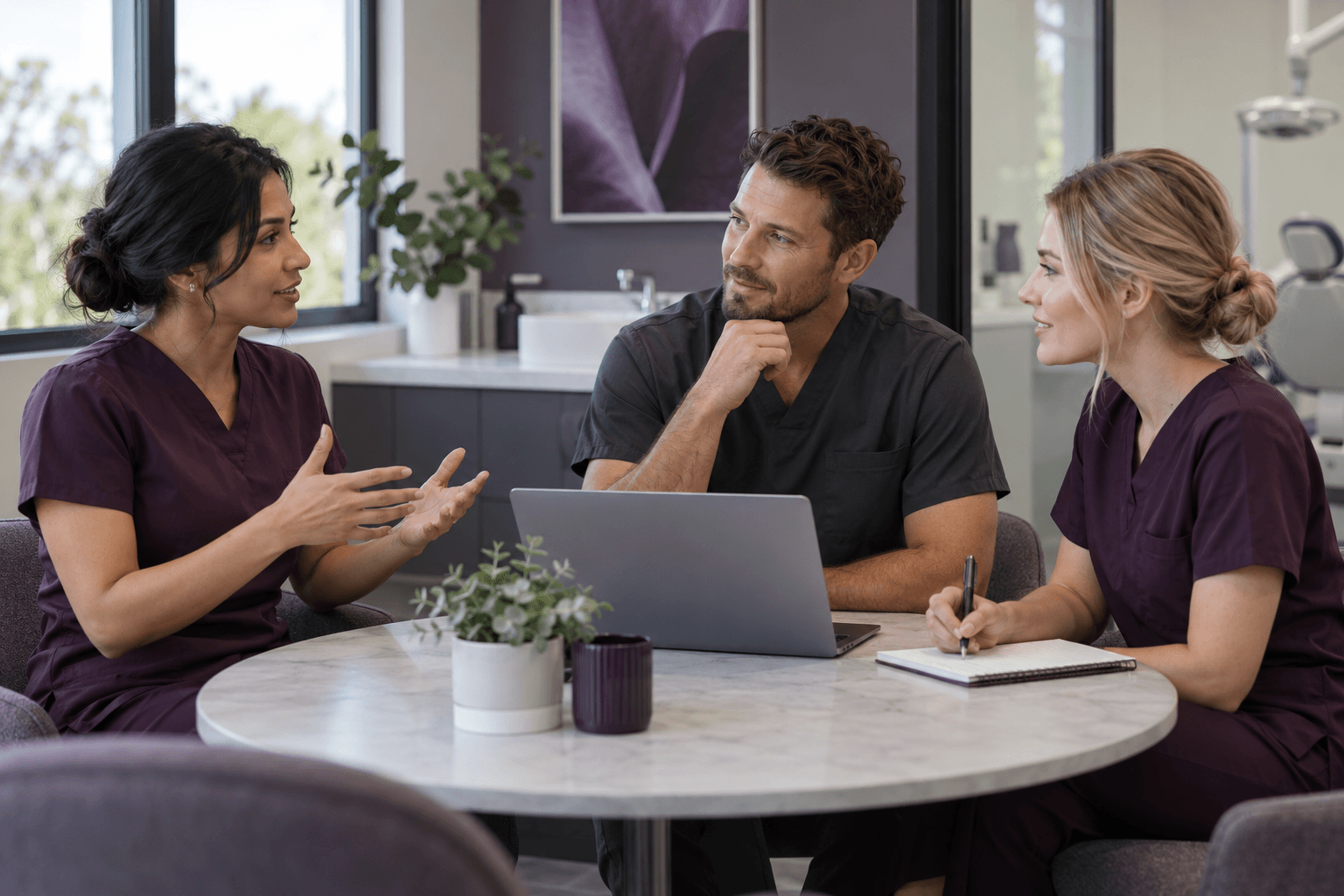 Illustrative dental professionals practising patient conversations together