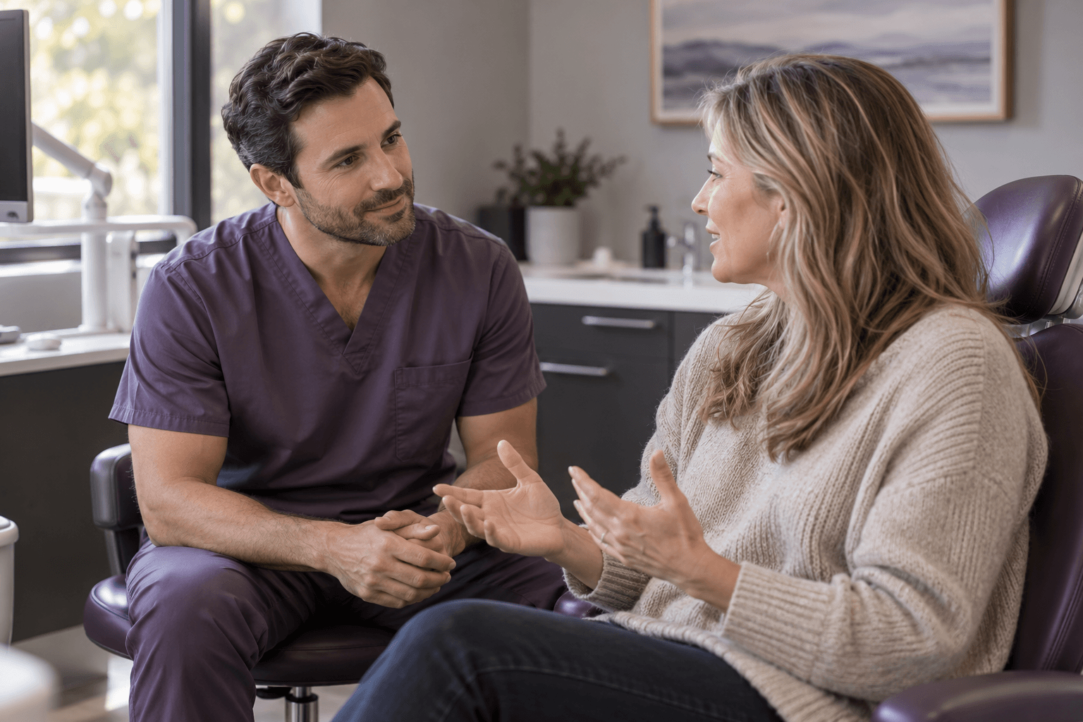 Illustrative dental clinician listening to a patient’s concerns